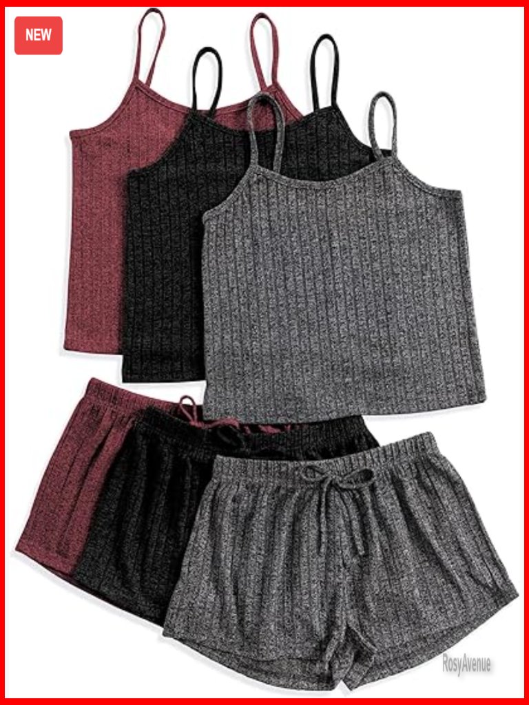 3-Piece Ribbed Pajama Set Crop Top & Shorts Button Lounge Set Sleeveless